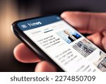 Small photo of News online in phone. Reading newspaper from website. Digital publication and magazine mockup. Press feed with latest headlines in digital web portal. Reader watching media website in smartphone.