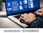 Small photo of Criminal case investigation. Police or private detective using computer. Evidence document and profile of crime suspect with photo in laptop. FBI or CSI investigator. Officer and paperwork at desk.