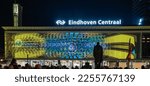 Small photo of Eindhoven, The Netherlands - November 12 2022 - Glow Festival Eindhoven, light artwork on Central Station called Stay Tuned, designed by ASML and Dirk van Poppel