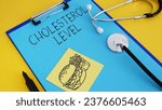Small photo of Cholesterol level is shown using a text and picture of fatty food