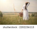 Beautiful woman in vintage white dress with a big wicker basket with herbs standing in the middle of a meadow in summer, film grain, selective focus. Atmospheric mood, Midsummer, fairytale, authentic.