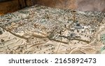 Small photo of Jerusalem, Israel - October 12, 2017: Specimen model of ancient Holy City and Temple Mount exposed in Tower Of David citadel in Jerusalem