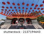 Small photo of Georgetown, Penang, Malaysia - Mar 26 2017: Chinese Thean Seng Keong Temple decorated with red lantern in sunny day