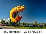 Small photo of West Ballina, New South Wales, Australia - May 28, 2022: Giant prawn sculpture