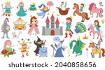 Fairy tale characters and objects collection. Big vector set of fantasy princess, king, queen, witch, knight, unicorn, dragon. Medieval fairytale castle pack. Cartoon magic icons with frog prince