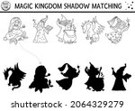 Fairytale black and white shadow matching activity with mermaid, dragon, fairy. Magic kingdom puzzle. Find correct silhouette printable worksheet or game. Fairy tale coloring page for kids
