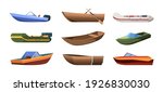 Boats types. Wooden ships for ocean or marine sail garish vector transport for river flat illustrations set isolated