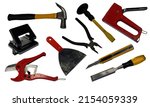 Small photo of truction tools and electrical equipment, hammer, lock cream, cutter, combination wrench, toot, scissors on white background