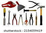 Small photo of electrical equipment, construction tools,hammer, lock cream, cutter, combination wrench, toot, scissors on white background
