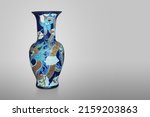 old and antique blue big ceramic vase on grey background, object, vintage, retro, copy space