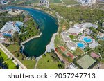 Small photo of Lake Titreyengel. A trembling lake. Sorgun. Side.The resort village of Titreyengol on the shores of a trembling lake in Turkey. There are many four and five star hotels around the lake. Drone shooting