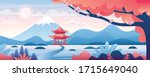 Chinese landscape vector illustration. Cartoon asian traditional temple, pavilion or house with oriental pagoda in rural China, flat mountain lake scenery and blooming tree. Travel to Asia background