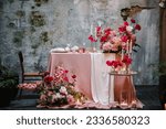 Table setting in restaurant. Location for surprise marriage proposal. Engagement. Decoration flowers, decor candles. Luxury romantic date. Candle light dinner setup table for couple on Valentines day.