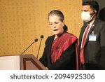 Small photo of Indian National Congress party president Sonia Gandhi war veterans of the party to mark 50 years of the liberation of Bangladesh in New Delhi. Photograph taken on December 14, 2021