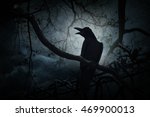 Small photo of Crow sit on dead tree trunk and croak over fence, moon and cloudy sky, Mysterious background, Halloween concept