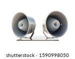 Pair of big retro car roof loudspeakers mounted on wooden plate isolated on white background. Urgent or emergency announcement , message or alert concept