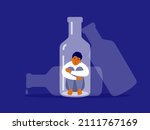 Alcoholism concept. Unhappy man sitting at bottle bottom hugging knees. Sad drunk male person, exhausted alcoholic guy. Social issue, abuse, addiction. Empty alcohol drink bottles vector Illustration