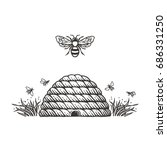 Beehive And Bees.hand Drawn...