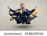 Small photo of Businessman with many hands in a suit. Works simultaneously with several objects, a mug, a magnifying glass, papers, a contract, a telephone. Multitasking, efficient business worker concept