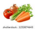 Italian vegetable soup ingredients. Celery, tomato, onion and carrot isolated on white background. Package design element with clipping path