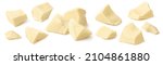 Small photo of Big set of white chocolate pieces. Broken chunks isolated on white background. Pieces of irregular shape for package design. Elements with clipping path