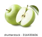 Whole green apple and half with leaf isolated on white background as package design element