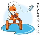Cartoon illustration of a cute fox fishing a fish