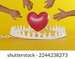 Small photo of Woman hands try to catch heart over a snare, a trap on a light background. The concept of being trapped in love, being bound to love, coerced. Dangerous love.