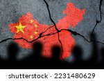 Flag of China painted on a cracked wall. Chinese real estate and debt crisis. Zero covid and lockdown protest in China