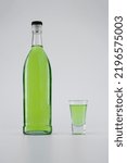 Small photo of green colored alcohol absinth tincture or liquor with syrup, vodka, lime