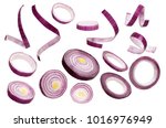 Sliced red onion isolated on white background. Set of red onion slices isolated on a white background.  Closeup