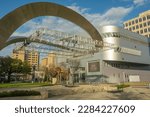 Small photo of Baton Rouge, USA - December 6, 2022 - Futuristic metallic exterior view of the new River Center Branch Library at North Blvd next to Bernardo de Galvez Plaza in downtown Baton Rouge
