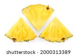 Small photo of Pineapple slices isolate. Cut pineapples on white. Fresh pineapple set top viw. Full depth of field.