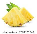 Pineapple slices with leaves. Cut pineapple isolated on white. Full depth of field.