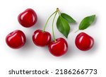 Small photo of Cherries. Cherry isolated. Cherries top view. Sour cherry with leaves on white background. With clipping path.