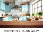 Small photo of Background of a beautiful and bright kitchen with desk for objects