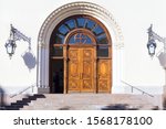 Saint Petersburg. Entrance to the Lutheran Church in the center of St. Petersburg.(Petrikirche).large oak temple doors