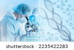Small photo of research and developement concept background scientist or reseacher using microscope in biotechnology laboratory overlay with DNA strand and molecules symbo; . concept of DNA engineering