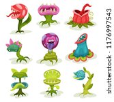 Carnivore plants set, colorful fantastic malicious killer flowers with teeth vector Illustrations on a white background