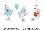Cute Baby Seal Wearing Striped Shirt, Blowing Whistle and Holding Red Heart Vector Set