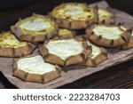 Small photo of Rye dough pies with potato filling. Finnish Traditional Pasties Or Pirogs - Karelian Pasties, Karelian Pies Or Karelian Pirogs From Region Of Karelia and Russian north.