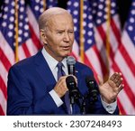 Small photo of VALHALLA, NY, USA - MAY 10, 2023: President Joe Biden delivers remarks about the debt limit on May 10, 2023 at SUNY Westchester Community College in Valhalla, New York, United States.
