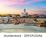 Helsinki cityscape and Helsinki cathedral at sunset, Finland