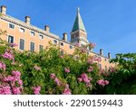 St Mark's Campanile and flowers in royal garden, Venice, Italy