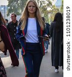 Small photo of PARIS, France- September 27 2017: Holly Estelle Russell on the street during the Paris Fashion Week