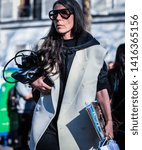 Small photo of PARIS, France- February 26 2019: Veronique Tristram on the street during the Paris Fashion Week.