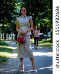 Small photo of MILAN, Italy- June 17 2019: Tamara Kalinic on the street during the Milan Fashion Week.