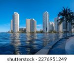 Miami, Florida- Coastal cityscape view from a concrete walkway with tropical trees. Views of modern high-rise buildings against the blue sky from a pathway with coconut trees on the right.