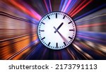 Small photo of Rush hour Fast car moving tunnel and the clock spins fast ,Fast moving traffic drives moving fast light each effect line light cg time lapse