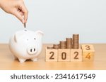 Small photo of Happy New Year with piggy bank and flipping 2023 change to 2024 block. Resolution, Goals, Plan, Action, Money Saving, Retirement fund, Pension, Investment and Financial concept